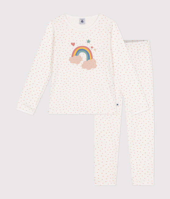 Children's cotton pyjamas printed with little hearts MARSHMALLOW white/PAPAYE
