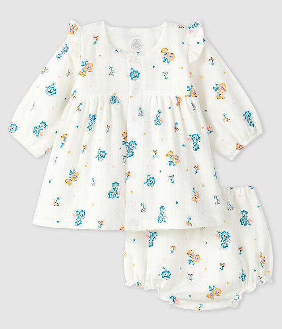 Long-sleeved floral dress with baby girl bloomers in nappy fabric MARSHMALLOW white/MULTICO white