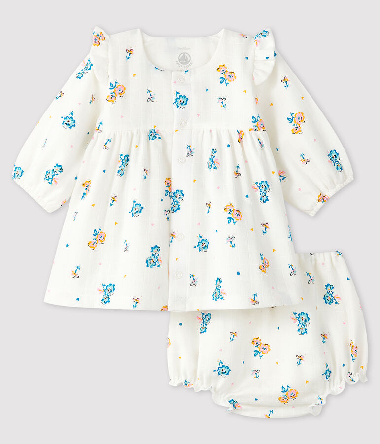 Long-sleeved floral dress with baby girl bloomers in nappy fabric white/multicolor