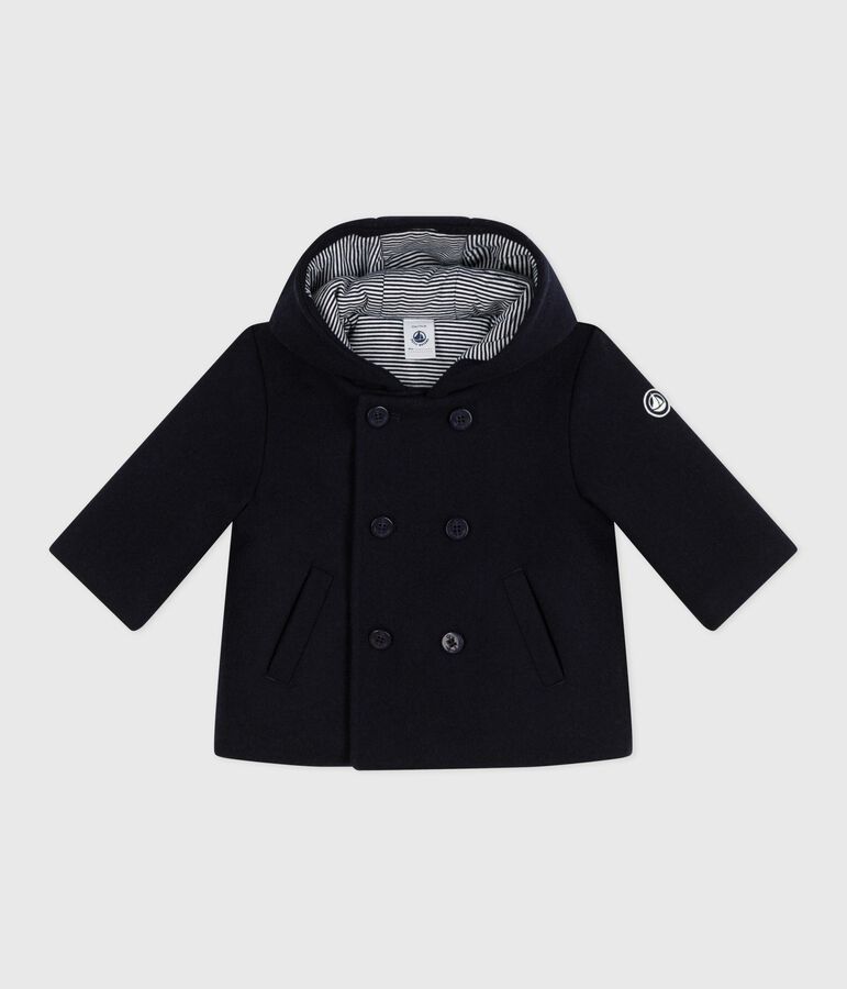 Babies' pea coat in plain woollen broadcloth blue