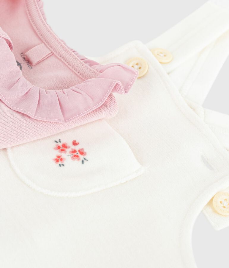 Babies' dungarees in plain cotton with stylish details Ecru/pink