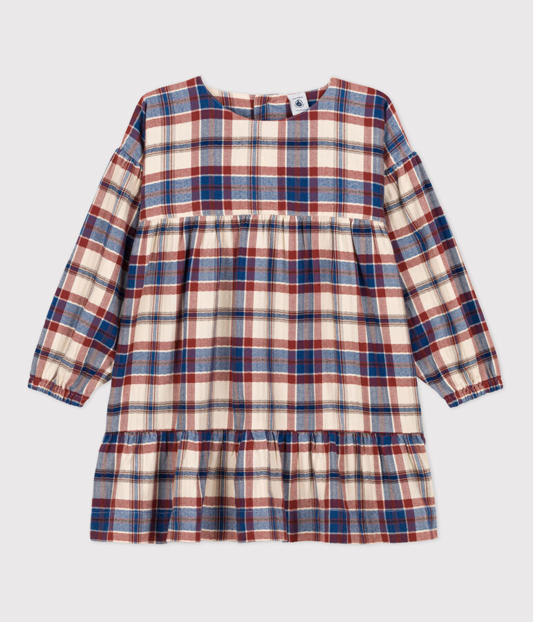 Girls' Long-Sleeved Checked Flannel Dress Ecru/multicolor