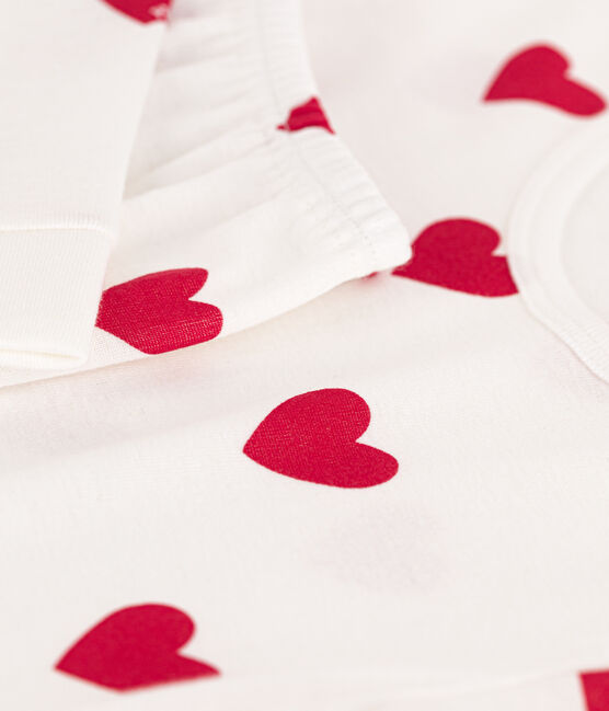 Children's unisex snug-fit cotton heart print pyjamas MARSHMALLOW white/TERKUIT red