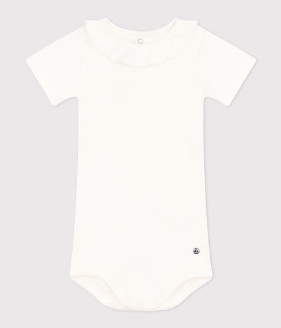 Babies' Short-Sleeved Cotton Bodysuit With Ruffle Collar MARSHMALLOW white