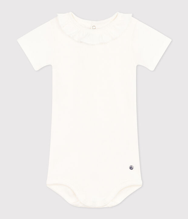 Babies' Short-Sleeved Cotton Bodysuit With Ruffle Collar white
