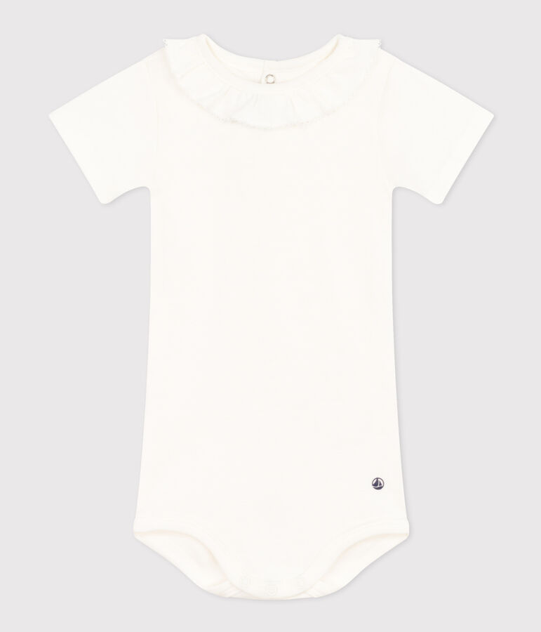 Babies' Short-Sleeved Cotton Bodysuit With Ruffle Collar white