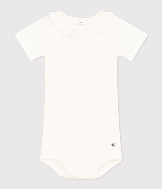 Babies' Short-Sleeved Cotton Bodysuit With Ruffle Collar MARSHMALLOW white
