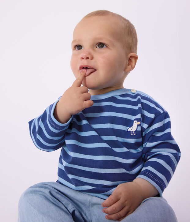 Babies' cotton Breton top with a seagull badge blue/blue
