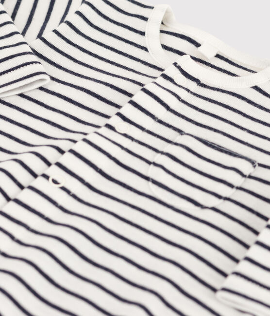 Babies' Striped Organic Cotton Long Playsuit MARSHMALLOW white/SMOKING blue