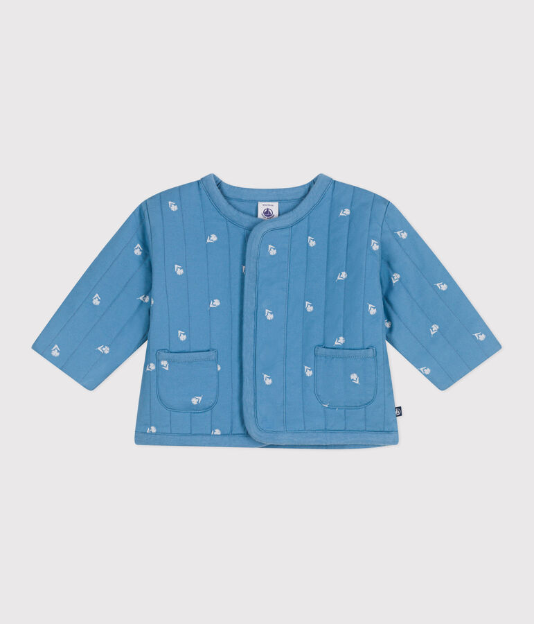 Babies' quilted cotton jacket, printed with little flowers ALASKA blue/MARSHMALLOW white