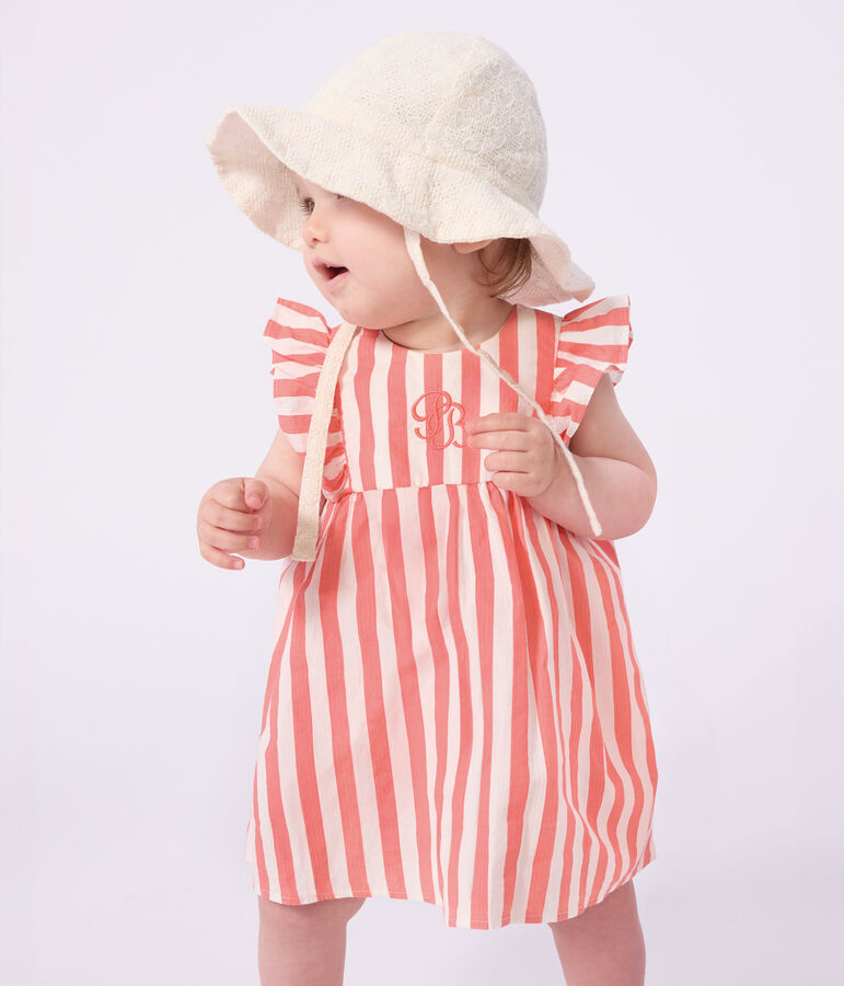Baby girls' wide brimmed floppy sun hat in poplin and broderie anglaise white