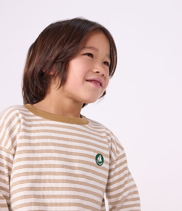 Children's long-sleeved stripy T-shirt beige/ecru/beige
