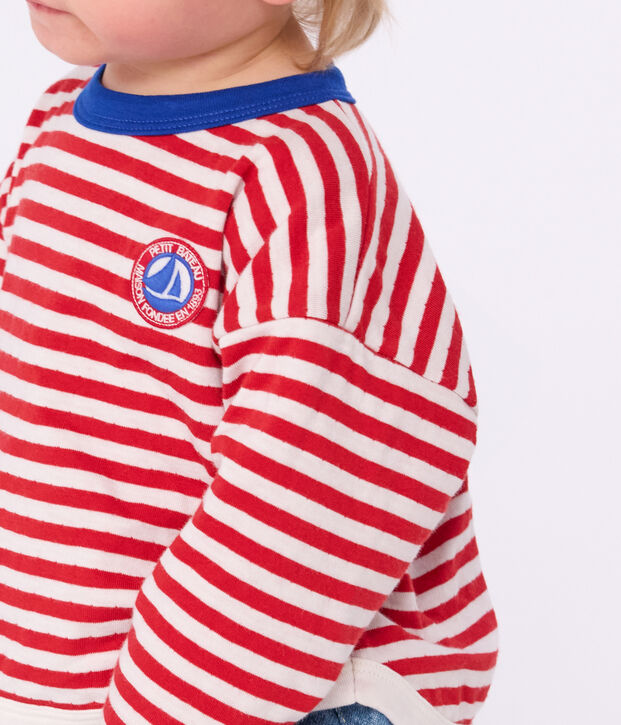 Babies' long-sleeved stripy cotton T-Shirt red/ecru