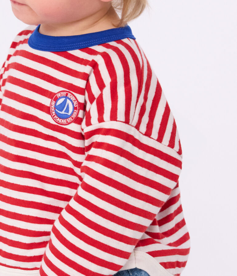 Babies' long-sleeved stripy cotton T-Shirt POMPEI red/MILK