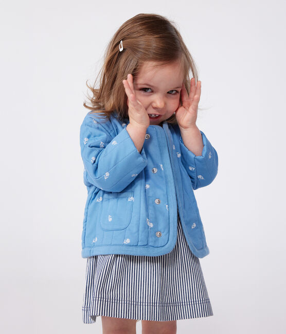Babies' quilted cotton jacket, printed with little flowers ALASKA blue/MARSHMALLOW white