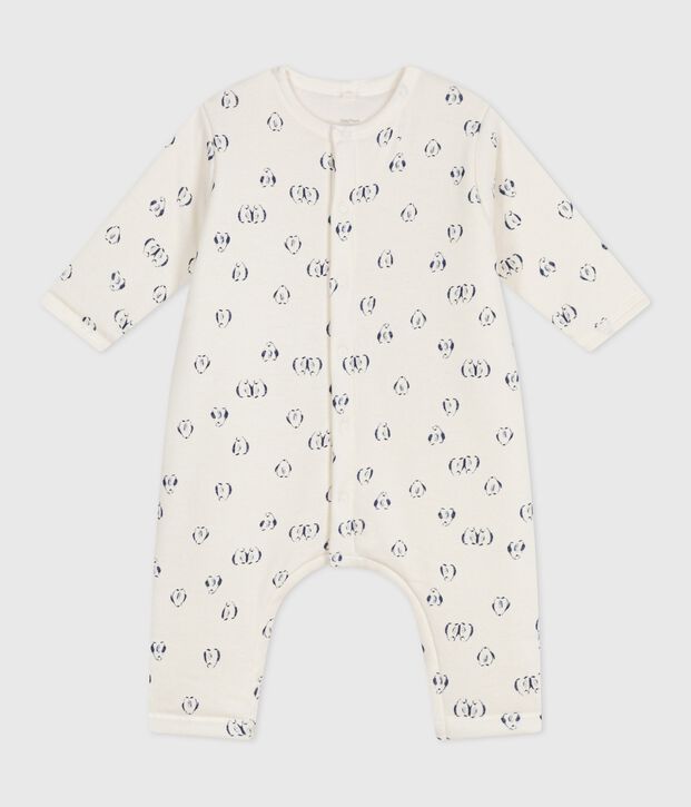 Babies' padded penguin-print cotton jumpsuit. blue/blue