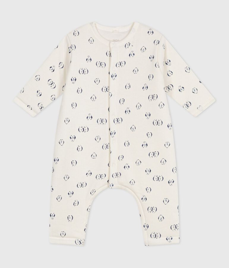 Babies' padded penguin-print cotton jumpsuit. Ecru/blue
