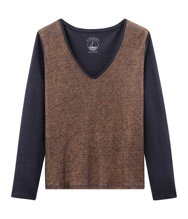 Women's long-sleeved iridescent linen t-shirt blue/pink