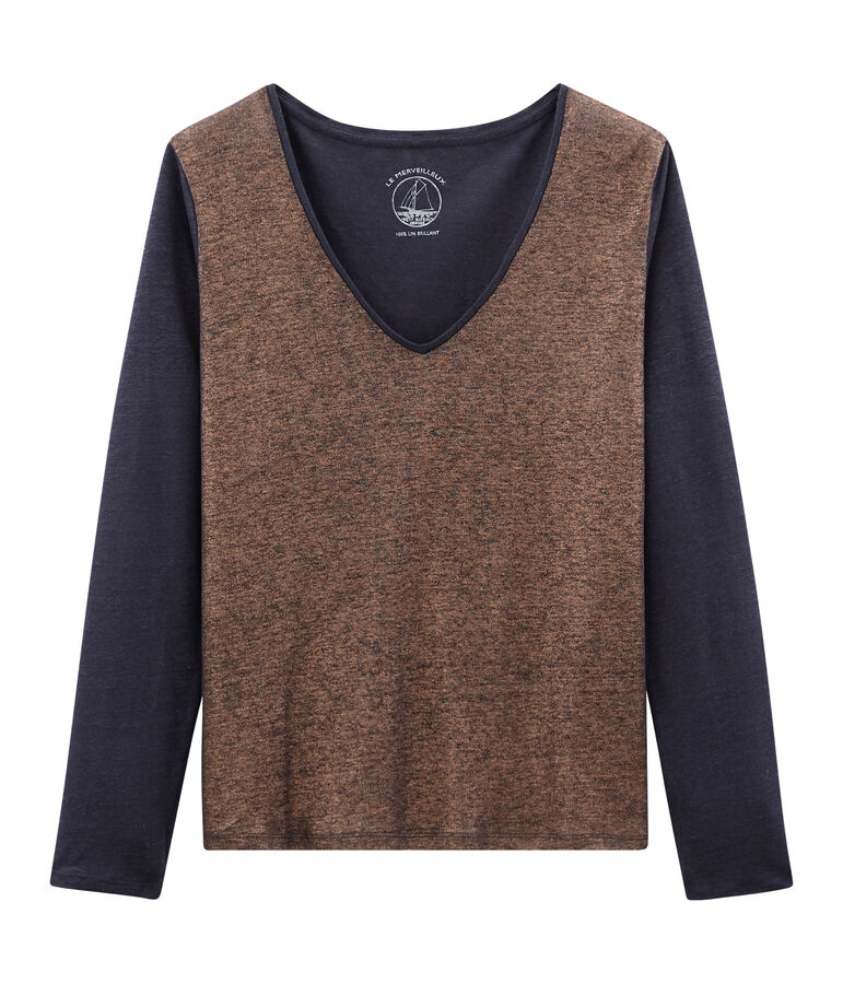 Women's long-sleeved iridescent linen t-shirt blue/pink