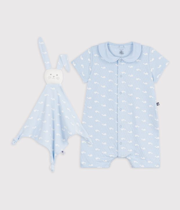 Babies' whale print jumpsuit and comforter gift set blue/white
