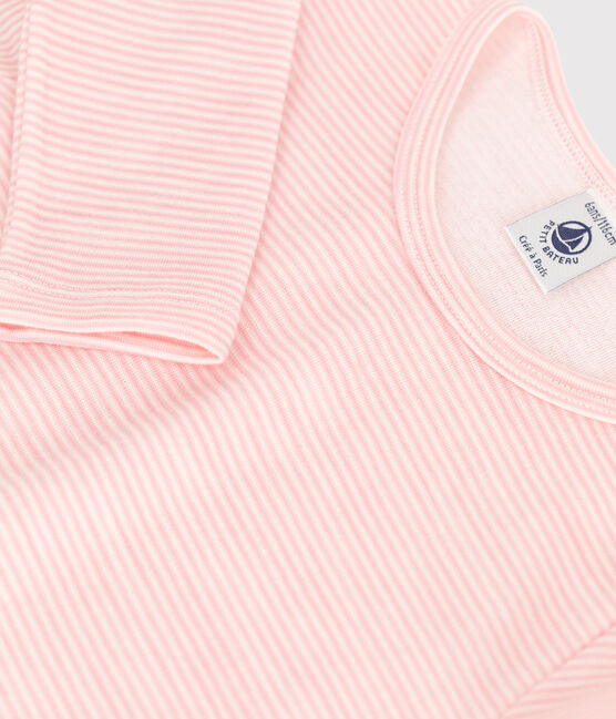 Girls' Pinstriped Long-Sleeved Wool/Cotton T-Shirt CHARME pink/MARSHMALLOW white