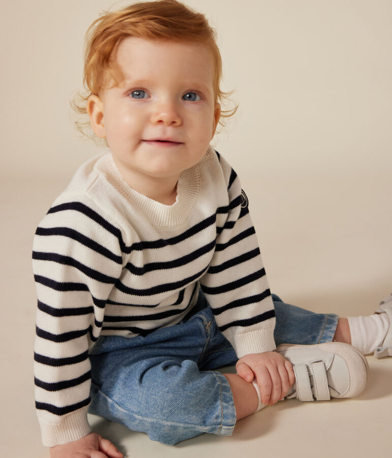 Babies' jumper in a wool and cotton knit white/blue