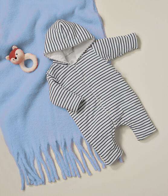 Babies' quilted cotton hooded jumpsuit MARSHMALLOW white/SMOKING blue