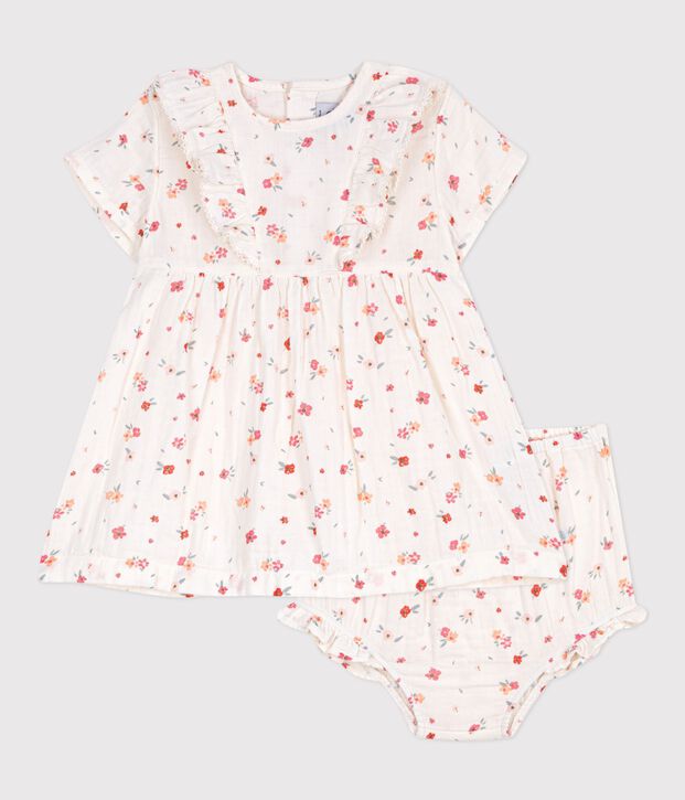 Sleeveless baby dress in printed cotton white/multicolor