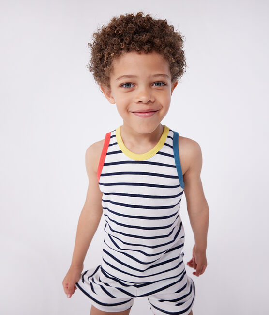 Children's short stripy tank top cotton pyjamas MARSHMALLOW white/SMOKING blue