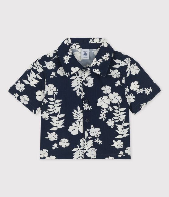 Babies' Short-Sleeved Poplin Hawaii Print Shirt MEDIEVAL blue/MARSHMALLOW white