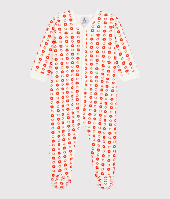 Babies' Retro Floral Organic Cotton Fleece Sleepsuit MARSHMALLOW white/SPICY