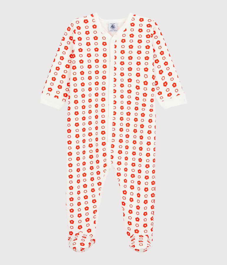 Babies' Retro Floral Organic Cotton Fleece Sleepsuit white/red