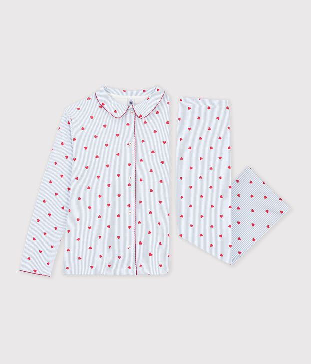 Women's buttoned stripe and heart print cotton pyjamas white/multicolor
