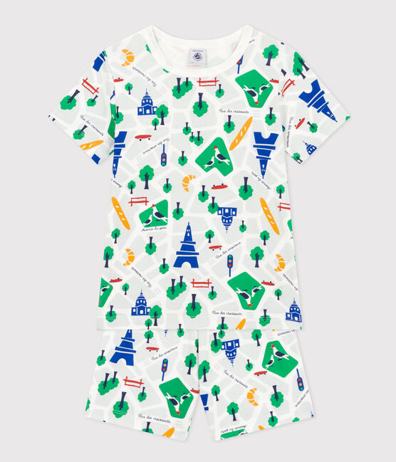 Children's Short Cotton Paris Print Pyjamas MARSHMALLOW white/MEDIEVAL blue/MULTICO