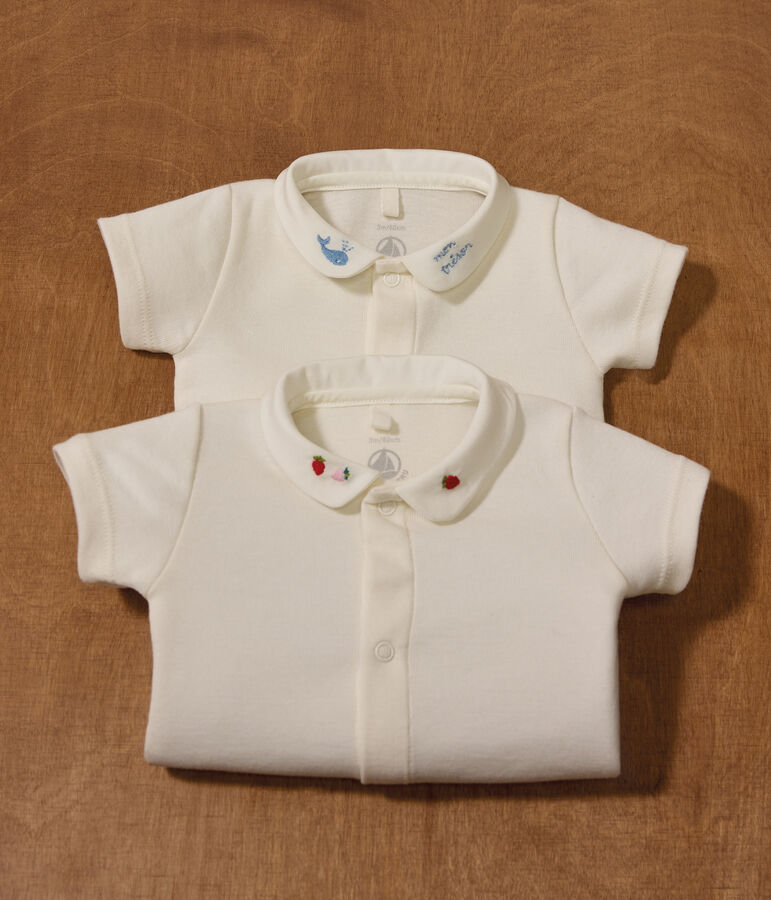 Babies' short-sleeved cotton body with embroidered details Ecru/blue