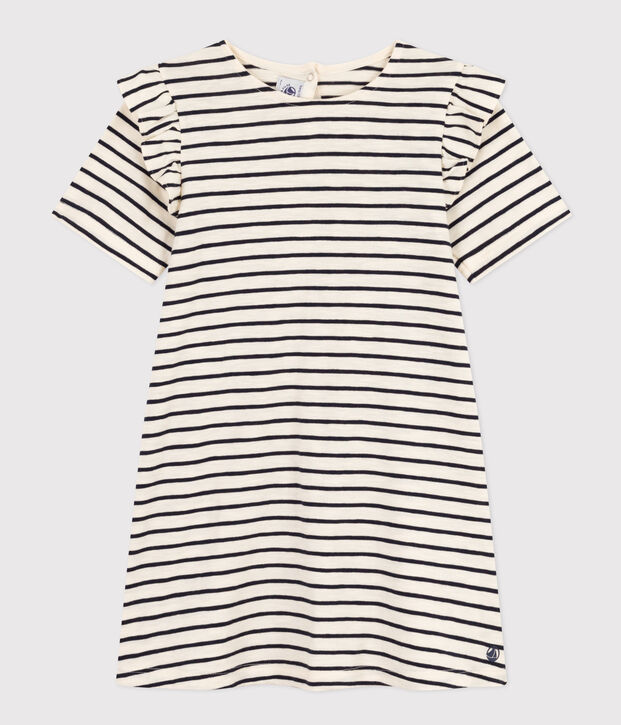Girls' Stripy Short-Sleeved Cotton Dress Ecru/blue