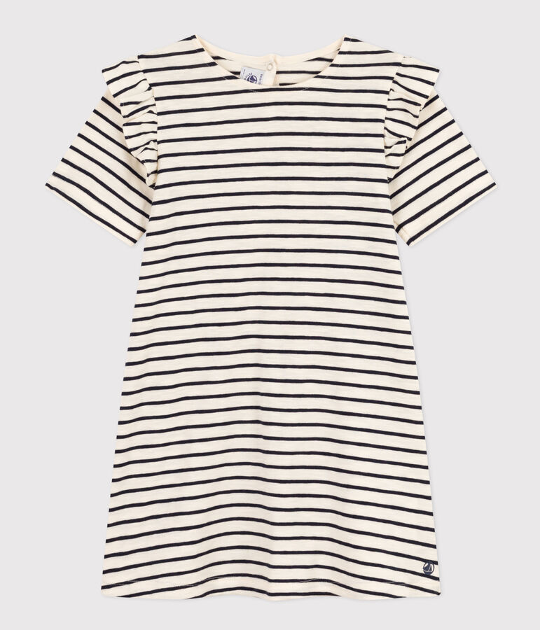 Girls' Stripy Short-Sleeved Cotton Dress AVALANCHE white/SMOKING blue