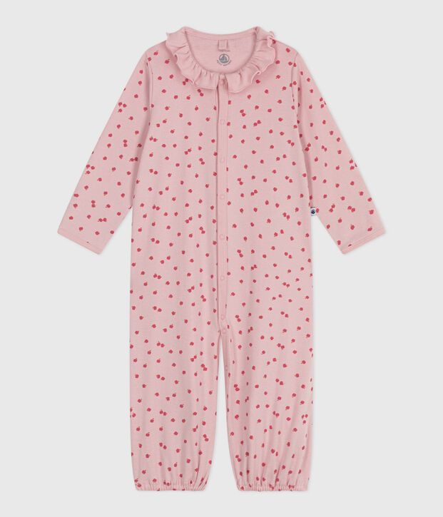 Babies' printed cotton jumpsuit/sleeping bag with a collar pink/multicolor