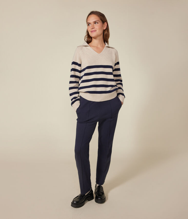 Women's wool and cotton jumper Ecru/blue