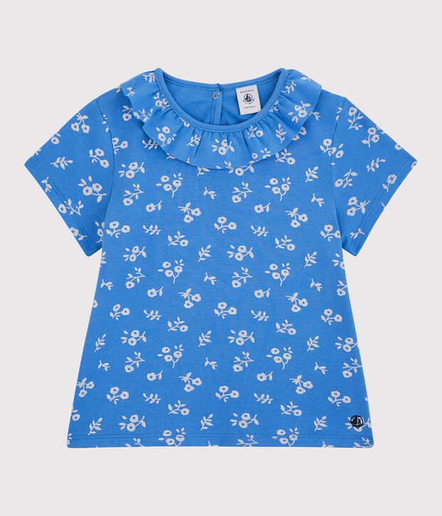 Girls' Short-Sleeved Cotton T-Shirt blue/white