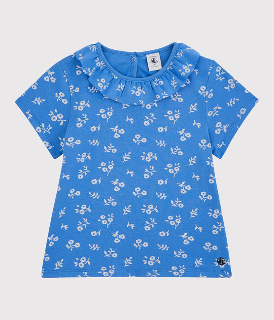 Girls' Short-Sleeved Cotton T-Shirt BRASIER blue/MARSHMALLOW grey