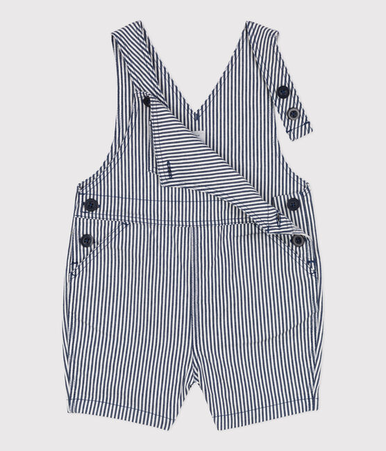 Babies' Stripy Short Dungarees MEDIEVAL blue/MARSHMALLOW white
