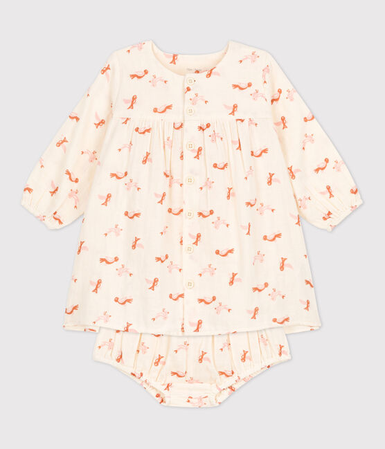 Babies' Bird Patterned Cotton Gauze Dress With Bloomers AVALANCHE white/MULTICO