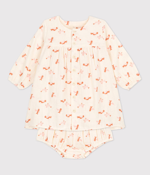 Babies' Bird Patterned Cotton Gauze Dress With Bloomers Ecru/multicolor