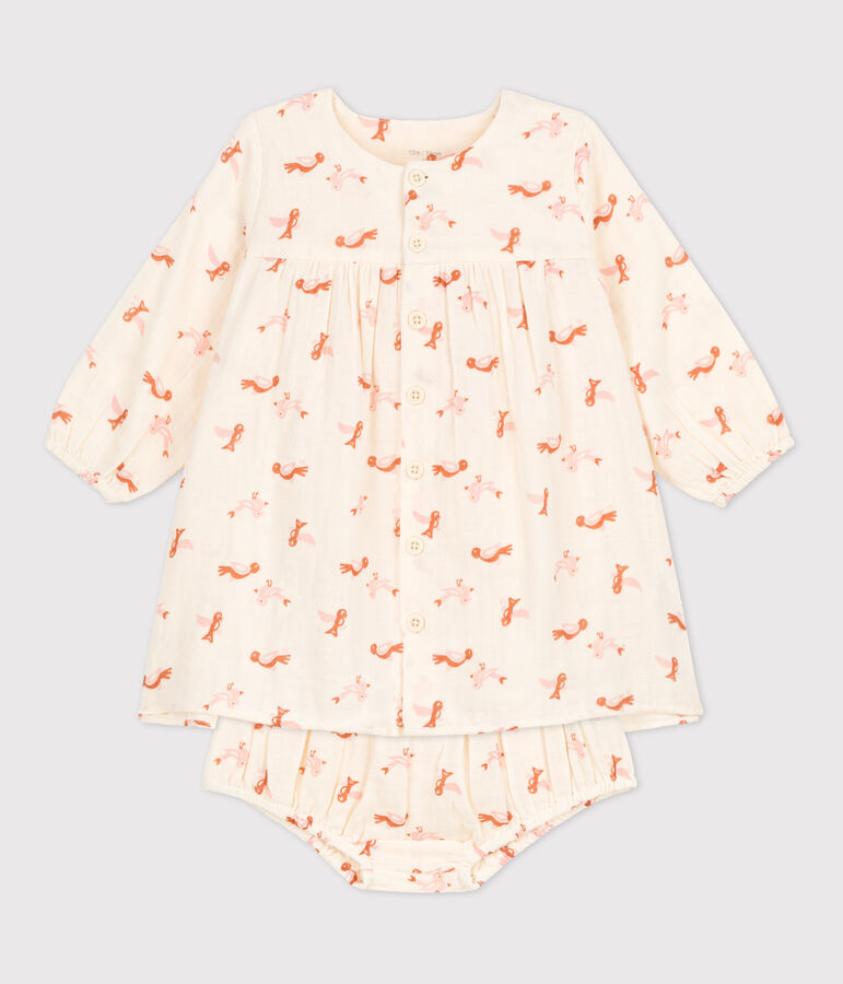 Babies' Bird Patterned Cotton Gauze Dress With Bloomers AVALANCHE white/MULTICO