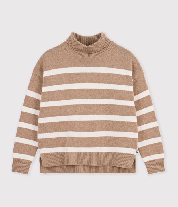 Women's striped wool and cotton roll neck jumper beige/ecru