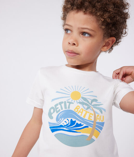 Children's short-sleeved printed cotton T-shirt MARSHMALLOW white