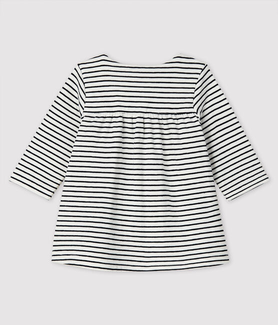 Baby Girls' Long-Sleeved Tube-Knit Striped Dress MARSHMALLOW white/SMOKING blue