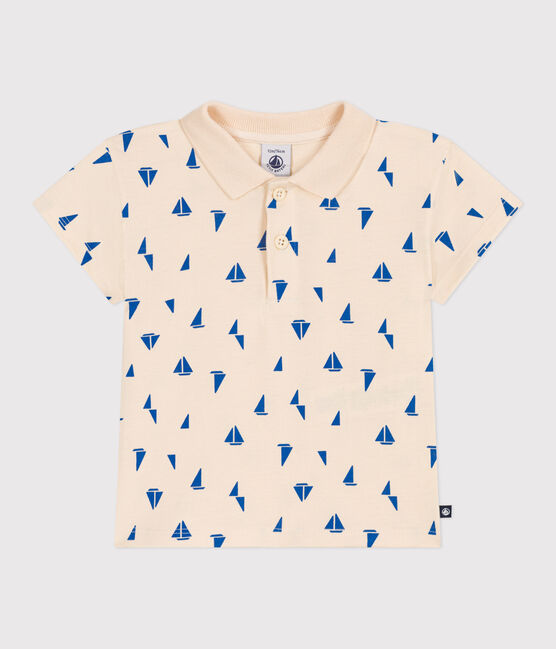 Babies' short-sleeved cotton polo shirt printed with little boats AVALANCHE blue/PERSE white