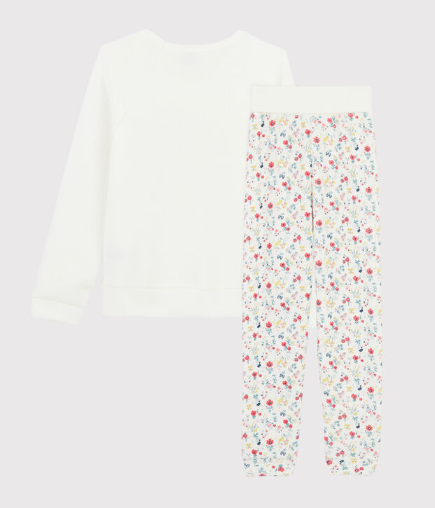 Girls' High-waisted Pyjamas in Brushed Terry Towelling white/multicolor